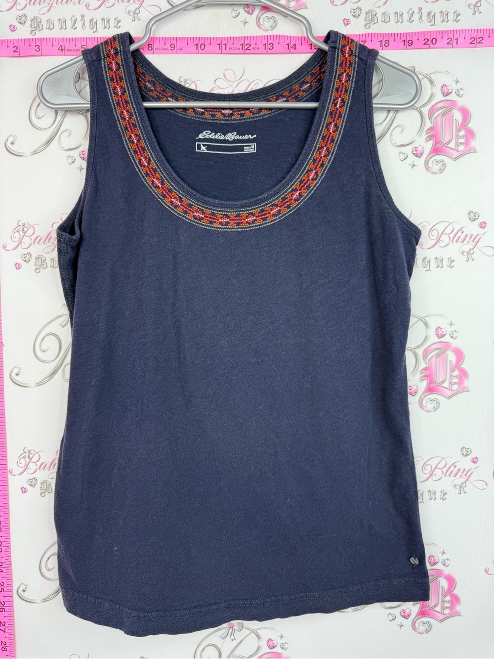 Eddie Bauer Navy Tank Top with Multicolor Embroidered Neckline